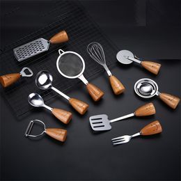 Kitchenware Cooking Tools Whisk Filter Cake Skin-peeler Drainer Stainless Steel Smiley Wooden Handle Set Kitchen