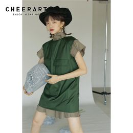 Japan Style Green Turtleneck Mini Dress Summer Pathwork Fake 2 Piece Designer Butterfly Sleeve Dresss Fashion 210427