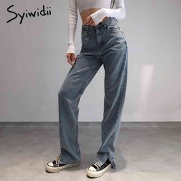 Syiwidii Slit Leg Jeans For Women Denim Pants Vintage Streetwear High Waisted Jeans Straight Bell Bottom Plus Size Black 210329