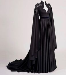 Gorgeous Evening Dresses With Long Sleeves Hand Made Flower Beads Prom Pageant Gown Robe De Mariée Customize Sweep Train Formal Black Party Gowns