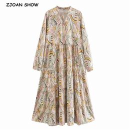 Lacing up V neck Contrast color Print Long Sleeve Dress Holiday Women Spliced Pleated Ruched Loose Dresses 210429
