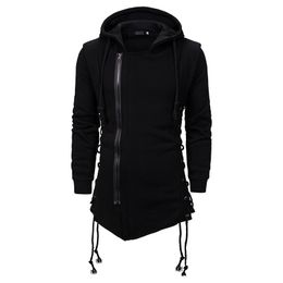 Men's Casual Black Hoodies Fashion Side Lace Up Fleece Gothic Pullover Hip Hop Long Length Zipper Poncho Cape Cloak Irregular Hem Hoodie Men Warm Sweatshirt Coat