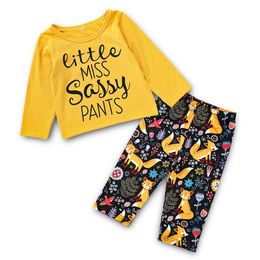 2021 Baby Girls Boys Clothes Sets Spring Autumn Fashion Children Outfits Colorful Yellow Letter Round Collar Long Sleeve Jacket +Printed Fox Pants Suit Kids Clothing