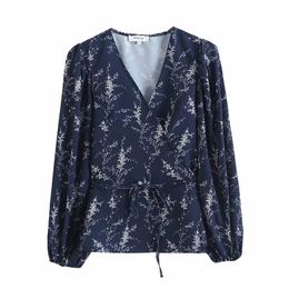 Vintage Print Thin Wrap Thin Women Shirt Spring Summer Bodycon Long Sleeve Elegant Belt Sashes Casual Female Blouse 210521