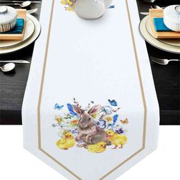 Spring Animal Bunny Chick Butterfly Flower Table Runners Modern cloths Party Decor Runner Easter Decorations for Home 210708
