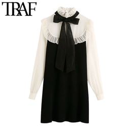 Women Fashion With Tied Organza Patchwork Knitted Mini Dress Vintage High Collar Long Sleeve Female Dresses Mujer 210507