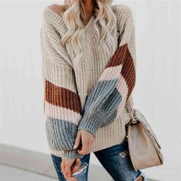 V Neck Striped Patchwork Sleeve Knit Sweater Women Loose Pullover Fall Sweaters and Pullovers Fashion 210806