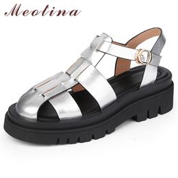 Meotina Genuine Leather Sandals Gladiator Shoes Flat Platform Sandals Summer Cut Out Ladies Shoes Design Golden Silver 43 210520