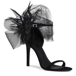 Sexy Black Flowers Feather Wedding Shoes For Lady Bride Open Toe Sandals Women Stiletto Jeweled High Heels Prom Evening Pumps Sheepskin Cocktail Party High heel