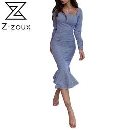 Women Dress Square Collar Ruffles Mermaid Dresses Plus Size Vintage Sexy Long Plaid Sleeve Fashion 210524