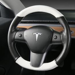 Top Interior Microfiber Black With White Leather Steering Wheel Hand-stitch on Wrap Cover For Tesla Model 3 2017-2020