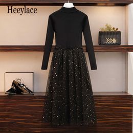 Plus Size Women Autumn Winter Long Sleeve sequined mesh patchwork knitted dresses Vintage Elegant black High Waist A-line Dress Y1006