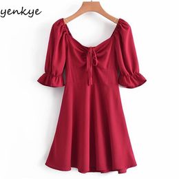 Summer Women Red Dress Female Short Sleeve Drawstring V Neck A-line Mini Vestido Casual 210430