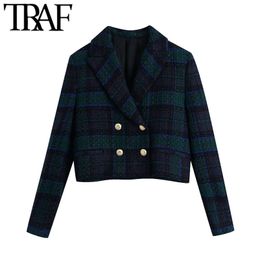 Women Fashion Double Breasted Tweed Cropped Blazer Coat Vintage Long Sleeve Female Outerwear Chic Vest Femme 210507