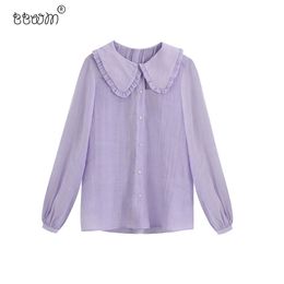 Women Fashion Back Ruched Loose Blouses Sweet Peter Pan Collar Long Sleeve Shirts Girls Chic Tops 210520