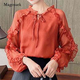 Autumn Elegant Women's Blouse Lace-up Solid Colour Long Sleeve Tops Loose Sweet Thin Chiffon Women Shirt Blusas 10699 210518