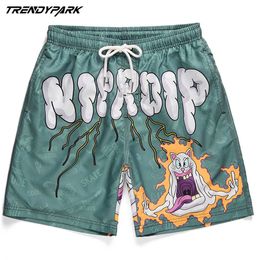 Men's Short Funny Cartoon Printed Summer Hip Hop Oversize Pockets Streetwear Harajuku Sweatpant Drawstrings Casual Cotton Shorts 210601