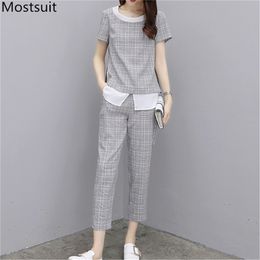 Summer Fashion Plaid Two Piece Sets Women Short Sleeve Tops + Ankle-length Pants Suits Korean Casual Office Female 210513
