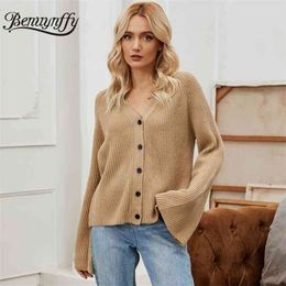 V-neck Button Up Knitted Cardigan Women Autumn winter Korean style Flared Sleeve Cardigans Female Outwear Sweater 210510