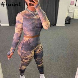 Two Piece Set Fall Clothes for Women Fashion Tie Dye Long Sleeve Crop Top Pants Sets Casual Skinny Sweat Suits Outfits 210513