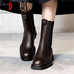 Band Design Genuine Leather Shoes For Women Chunky Heels Woman Winter est Working Basic Ankle Boots 210528