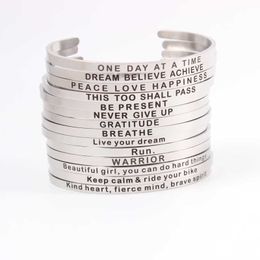 Newest Mantra Bracelet Custom Name Bracelet,stamped Breathe Run Warrior Never Give Up 4mm Bar Stainlless Steel Bangle Open Cuff Q0719