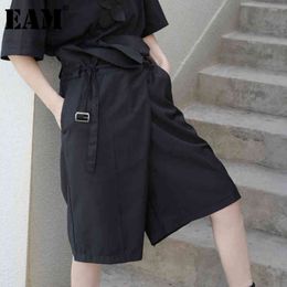 [EAM] High Waist Black Asymmetrical Sashes Trousers Loose Fit Knee Length Pants Women Fashion Spring Summer 1DD8327 21512
