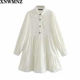 Women Fashion Corduroy mini dress vintage A-line long sleeve ruffled hem button Collared Female Dresses Mujer 210520