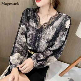 Fashion Vintage Blouses Women Casual V Neck Sexy Lace Long Sleeve Shirt Print Plus Size Office Ladies Tops Femme 12285 210512