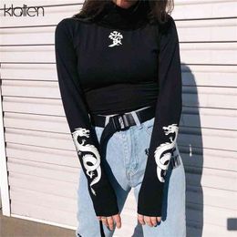 KLALIEN dragon print T-shirts reflective turtleneck Long Sleeve Slim Harajuku Streetwear New Women Fashion Short Tees 210322