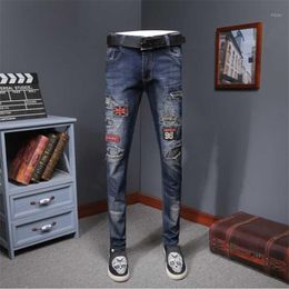 Embroidered Jeans Men's Holes Scratched Beggars Were Thin Feet Fashion Patch Pants Black Blue Casual Demin