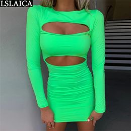 Ruched Dresses Women Solid Long Sleeve Round Neck Mini Autumn Sexy Bodycon Hollow Out Skinny Woman Vestito Da Donna 210515
