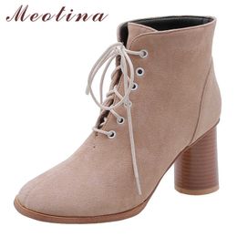 Meotina Autumn Ankle Boots Women Boots Lace Up Round High Heels Short Boots Fashion Round Toe Shoes Ladies Winter Big Size 33-46 210608