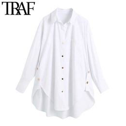 TRAF Women Fashion With Side Buttons Loose Asymmetrical Blouses Vintage Long Sleeve Pockets Female Shirts Chic Tops 210317