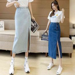 Fashion women's skirts mid-length sexy A-line high waist light blue slimming knee-length split denim skirt 210520