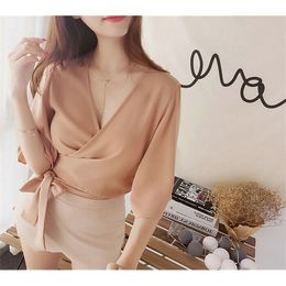 Sweet Half Flare Sleeves Deep V-neck Bandage Bow Blouses Women Summer Autumn Crop Tops Chiffon Beach Short Shirts X0521