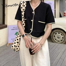 Yitimuceng Open Stitch Women Sweaters Spliced Floral Button Up Straight navy blue Summer Korean Fashion Knited Tops 210601