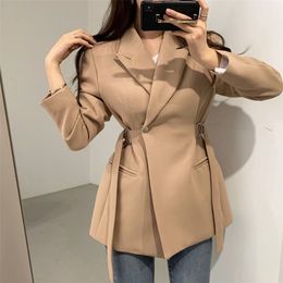 [EWQ] Fashion Autumn Minimalism Women Blazers And Jackets Work Office Lady Suit Slim Business Solid Colour Coat Khaki Chic 211019