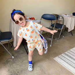 Summer cute girls fruit printed clothes sets cotton outfits short sleeve Tee and shorts casual clothings 210326