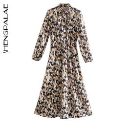 SHENGPLLAE Digital Leopard Print High-waisted Dress Women's Spring Lace Up Hollow Out Long Sleeve Maxi Dresses 5A722 210427