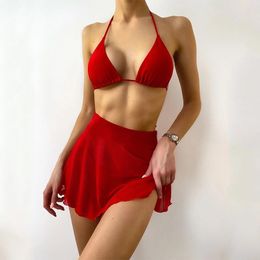 Women's Swimwear 2021 Sexy Solid Skirt Woman Triangle Micro Bikini Set High Waist Swimsuit String Swimming Bathing Suit Red Swim