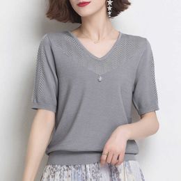 Summer knit female v-neck short sleeves sweater loose casual fashion hollow out oversized thin pullover female top 210604