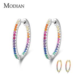 Rainbow Colour Sparkling Earrings Real 925 Sterling Silver Circle Zirconia Hoop For Women Luxury Wedding Jewellery 210707