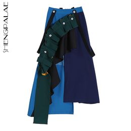 SEHNGPALAE irregular pleated skirt women's spring high elastic waist contrast Colour patchwork mid-calf female 210427