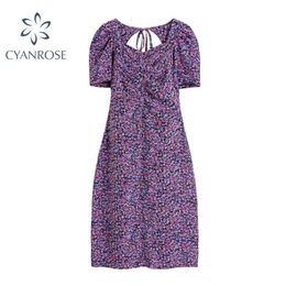 Purple Floral Print Elegant Women's Summer Dress Backless Lace-up Short Sleeve Vintage Sexy Slim Rok Party Beach Vestidos 210515