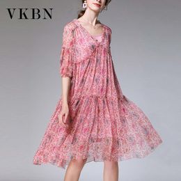 VKBN Large Size Summer Dress Women V-Neck Half Sleeve Chiffon Floral Print Plus Size Women Dress Fashion 210507