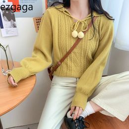 Ezgaga Sweater Women Autumn Fashion Autumn Winter Turn-Down Collar Japanese Outwear Student Pullover Lace Up Knitwear Casual 210430