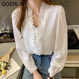 Lace Hollow Out Blouse Women Plus Size Chic Elegant White Long Sleeve Loose Spring Summer Single-Breasted V-Neck Shirt 210601