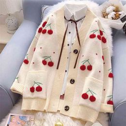 Woman Sweater Cardigan Jacket Winter Warm Knitwear Fruit Cherry Embroidery Knitted Cardigan Autumn V Neck Oversize 210812