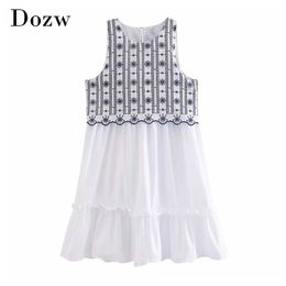 Women Fashion Patchwork Embroidery Mini Dresses Summer Sleeveless Ruffle Cotton Dress Vintage O Neck Casual Sundress 210515